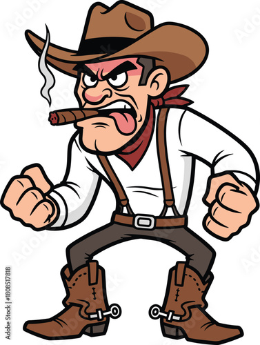 Angry cartoon cowboy smoking cigar, tough western character showing fists, vintage wild west outlaw mascot illustration for branding and design