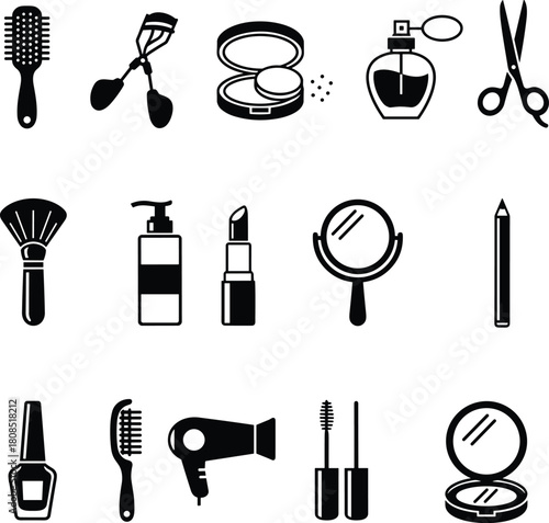Black and white beauty and makeup icon set featuring cosmetics, hair tools, skincare products, grooming essentials, and salon accessories for design use