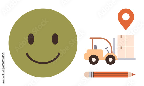 Green happy face alongside forklift carrying boxes, location marker, and pencil. Ideal for logistics, delivery planning, location services, efficiency, teamwork positivity and creativity. A simple