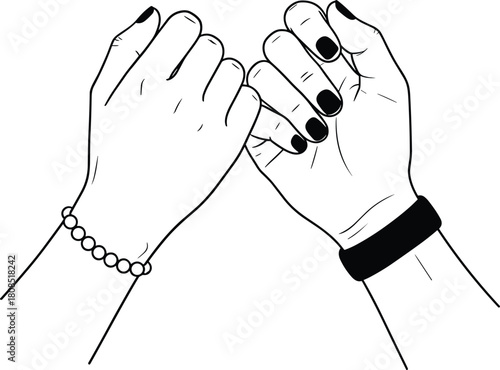 Black and white illustration of two hands making a pinky promise gesture, symbolizing trust, friendship, loyalty, connection, and commitment