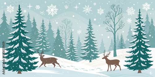 Vector  christmas  winter scene with deer in a snowy forest under falling snowflakes