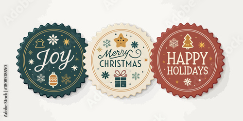 Vector  christmas  three christmas themed round badges with festive holiday greetings