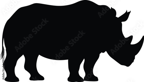 Black rhinoceros silhouette vector illustration featuring powerful wild animal profile, strong horned rhino design ideal for wildlife, nature and safari artwork