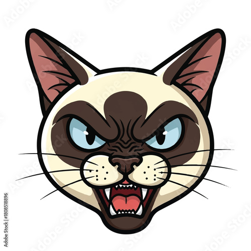 Striking vector illustration capturing the fierce gaze of an enraged feline, showcasing its bared teeth and aggressive expression in a stylized, bold graphic artwork