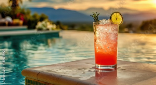 Refreshing red cocktail by a poolside at sunset