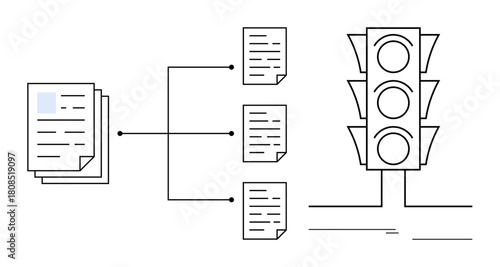 Stack of documents splits into individual papers, connecting to a traffic light. Ideal for workflow, decision-making, process optimization, document management, organization, approvals, simple flat