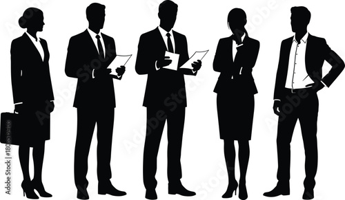 Business professionals silhouettes standing in formal attire, corporate team illustration for office workforce, leadership, meeting, and company presentation design