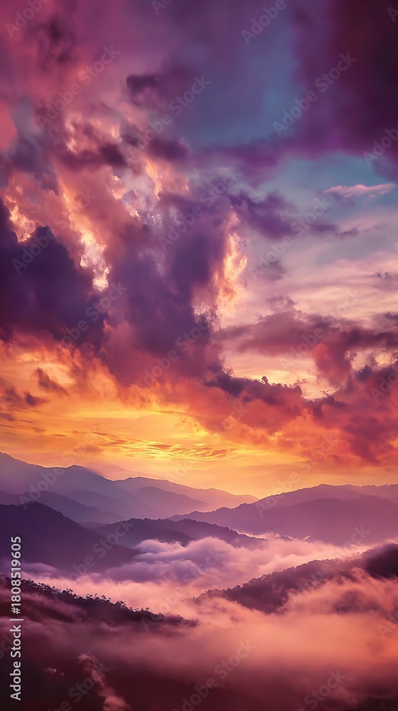 Fototapeta premium Vibrant sunrise over misty mountain peaks and dramatic clouds