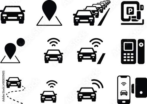 Car navigation and smart parking icons showing GPS tracking, wireless vehicle connectivity, traffic, mobile parking payment and modern transportation technology symbols