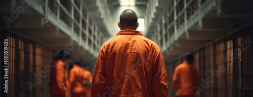 Man in orange prison jumpsuit walking down cell block hallway  
