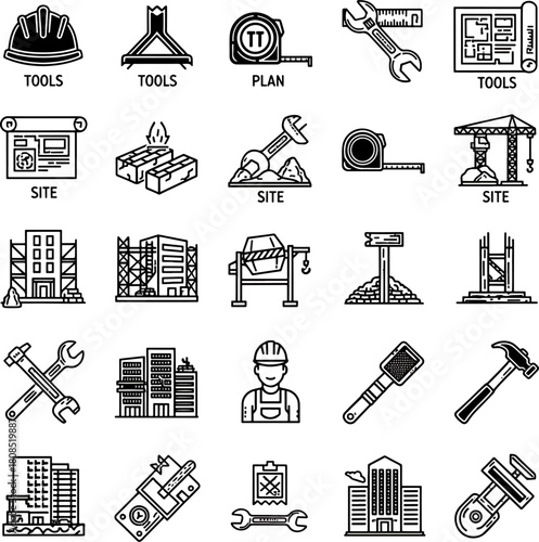 Construction Industry Icons Set Featuring Tools Plans Site Buildings Worker And Equipment For Engineering And Architecture