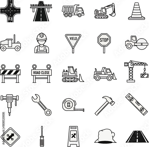 Construction industry icons set, road work and building equipment, safety signs, and heavy machinery illustrations