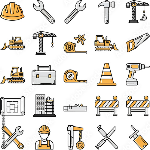 Construction tools and equipment flat design icons set safety helmet wrench hammer crane bulldozer saw and blueprint