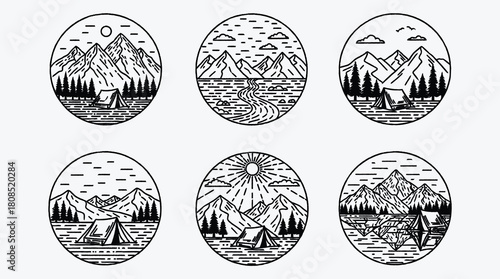 Monochrome Mountain Landscape Vector Graphics Illustration Camping and Outdoor Adventure