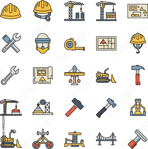 Construction Tools and Equipment Icons Set Vector Graphic Elements Collection Industrial Building Tools Safety Gear Detailed Flat Design
