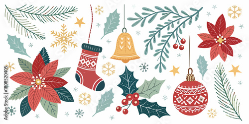 Vector  christmas  festive christmas elements including poinsettia and ornaments set