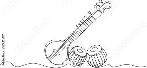 Sitar and tabla drums line art indian music musical instrument