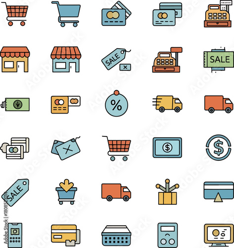 Collection of colorful e-commerce icons featuring shopping carts, credit cards, stores, delivery trucks, sale tags, and cash registers.