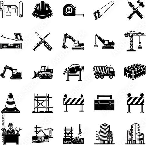 Collection of Construction and Industry Icons: Tools, Vehicles, Safety Gear, and Buildings