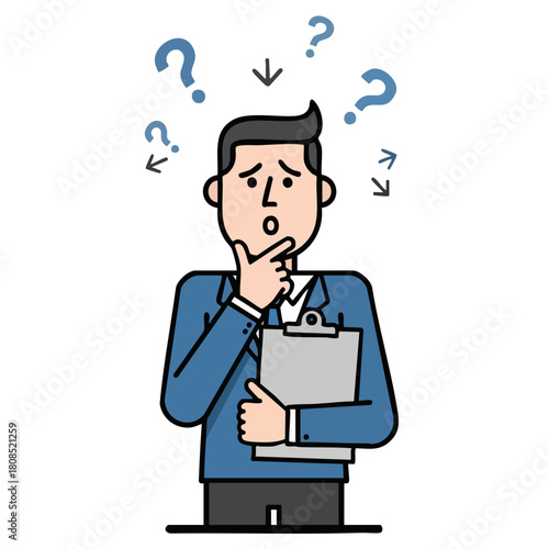 A confused businessman holding a clipboard and looking up with question marks surrounding his head.
