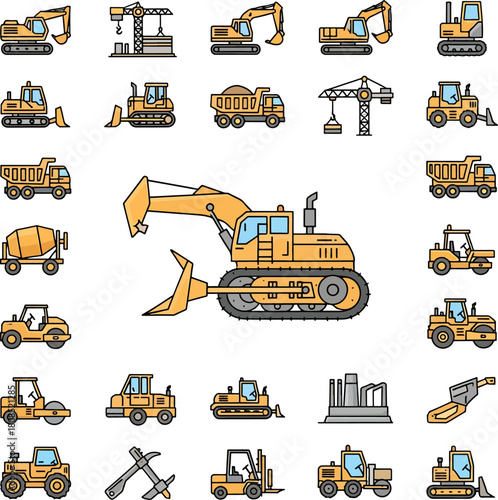 Collection of Construction Heavy Machinery and Equipment Icons, Excavators, Dump Trucks, Cranes, Bulldozers and Loaders