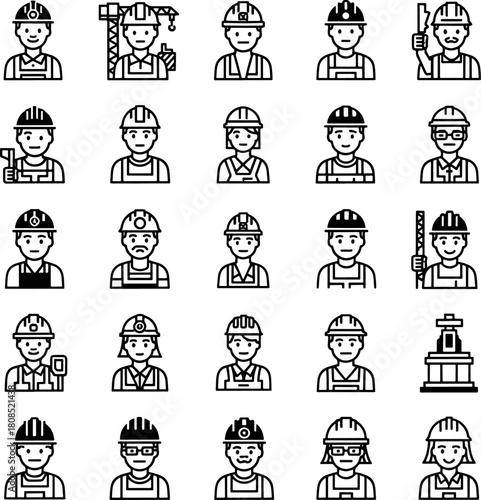 Collection of construction worker icons diverse male and female professionals in hard hats with tools and equipment