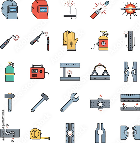 Collection of welding equipment icons set including helmet, torch, gloves, gas cylinder, and tools on white background