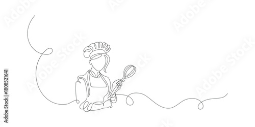 Continuous line drawing of woman chef preparing food illustration