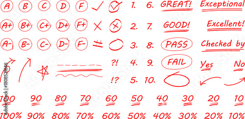 hand drawn red pen grades and numerical doodles, different signs of homework and exam check vectors, editable stroke
