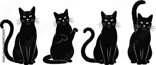 Collection of black cat silhouettes sitting and waving, vector illustration set of cute feline pets isolated on white for halloween design.