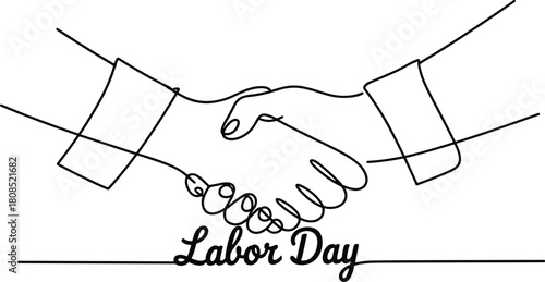 Continuous line drawing of handshake and Labor Day text