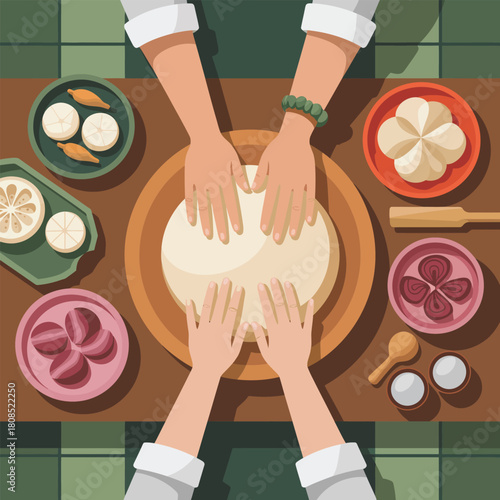 Overhead View of Hands Kneading Dough with Ingredients cooking baking
