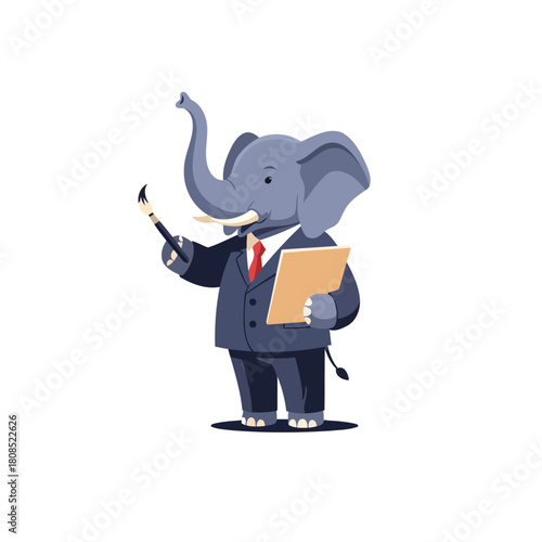 Elephant executive paintbrush poised with clipboard