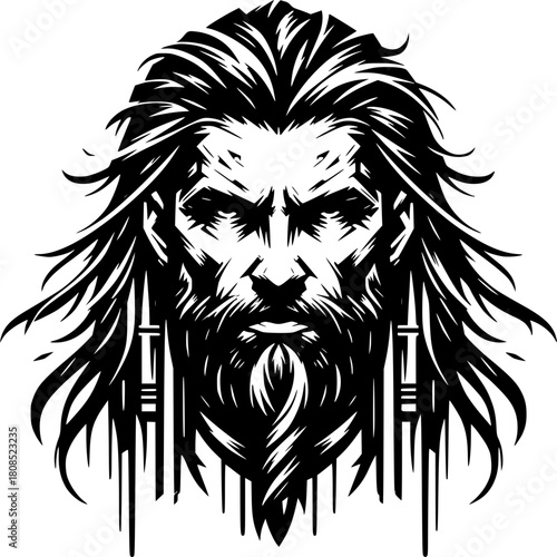 Epic Portrait: A striking monochrome illustration of a strong, long-haired figure, showcasing intense resolve and a commanding presence.
