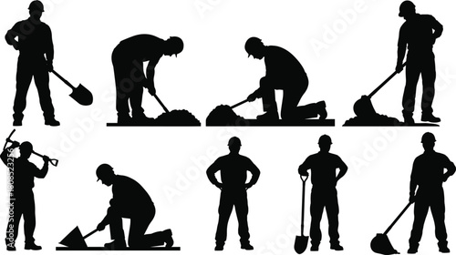 Construction worker silhouette, manual labor, digging pose, tool usage, kneeling figure, pickaxe action, black outline, white background, job site, industrial task