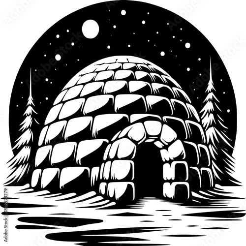 Snowy Haven: A black and white depiction of an igloo under a star-filled sky, set within a serene winter landscape.