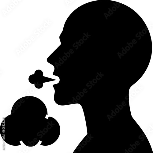 Exhaling: Silhouette of a person exhaling, with breath visible in the air, symbolizing the simple yet essential act of breathing. 
