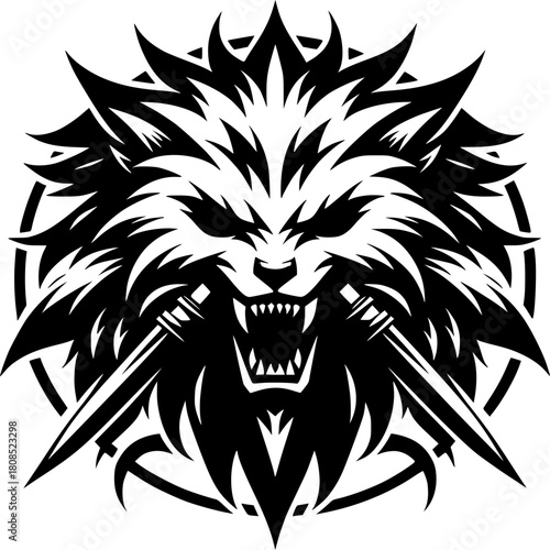 Mystical Beast Crest: A powerful, stylized image featuring a fierce wolf's head and crossed daggers. this image represents courage and protection
