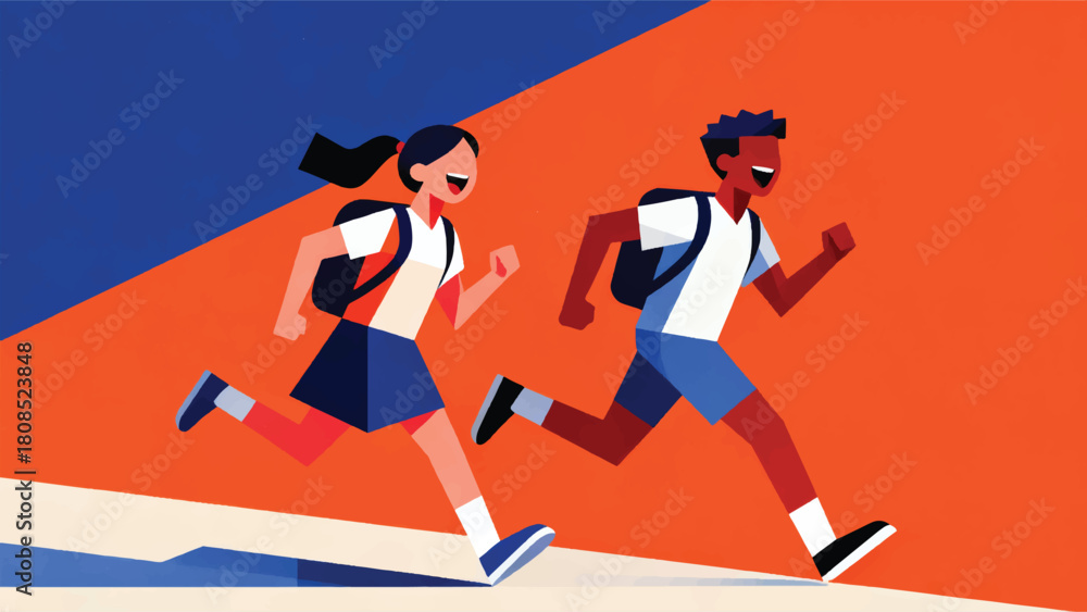 Fototapeta premium Illustration Of Two Friends Running To School While Laughing Vector Design Template