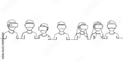 A single continuous line of students learning through virtual reality, symbolizing virtual reality technology in education, vector illustrator