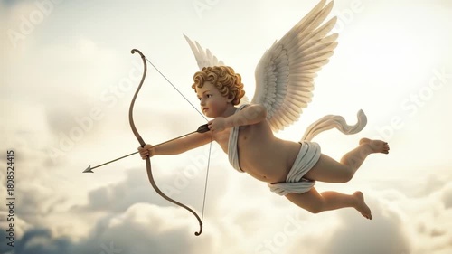 A cherubic angel with wings flying through the sky aiming an arrow with a bow amidst soft clouds and warm sunlight
