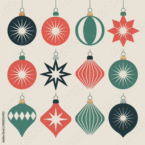 Twelve geometric retro Christmas ornaments arranged in a grid vintage decoration