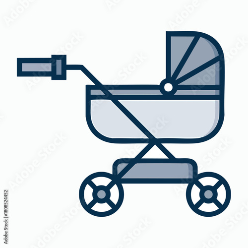 Old white toy baby carriage isolated illustration with wheels and yellow metal trolley object