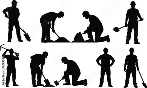 Construction worker silhouette, manual labor, tool usage, digging pose, lifting action, kneeling figure, black outline, white background, industrial task, job site