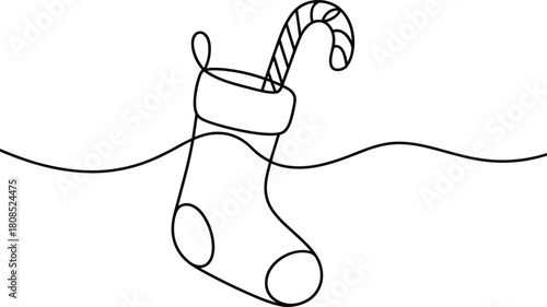 Single line drawing of a Christmas stocking with candy cane