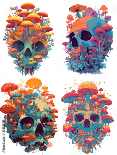 Surreal skull illustration overgrown with vibrant mushrooms and organic plants in bold colors. A fantasy artwork blending nature, decay, and psychedelic elements.