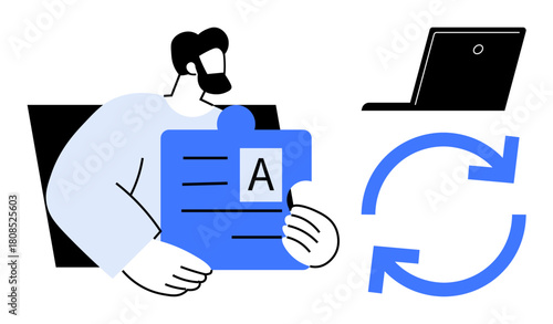Man holding document-shaped puzzle piece, circular arrows indicating process, and laptop symbolizing digital workflow. Ideal for collaboration, data exchange, automation, workflow, teamwork