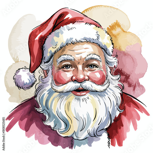 Watercolor portrait of Santa Claus with a red hat and rosy cheeks Christmas holiday