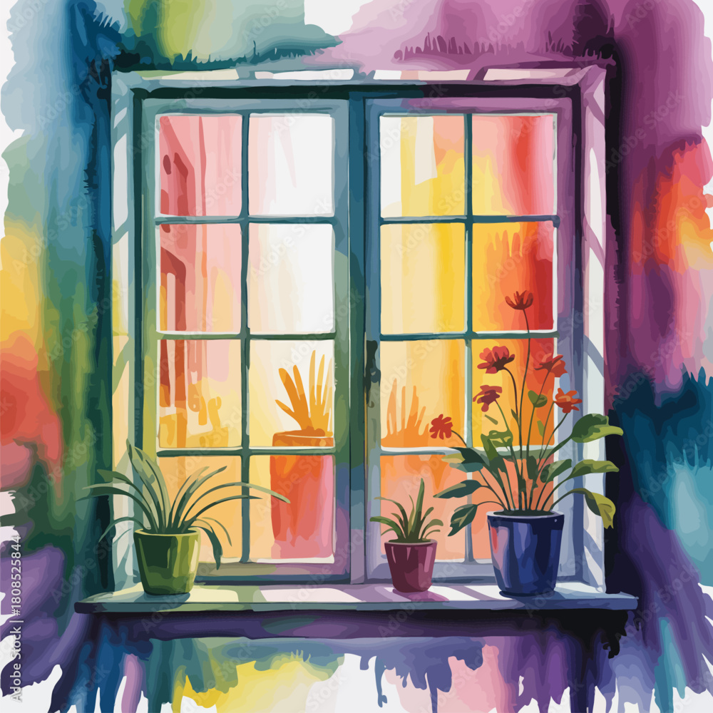Obraz premium Watercolor Window with Potted Plants and Colorful View graphic from