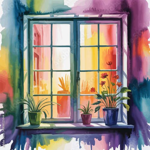 Watercolor Window with Potted Plants and Colorful View graphic from